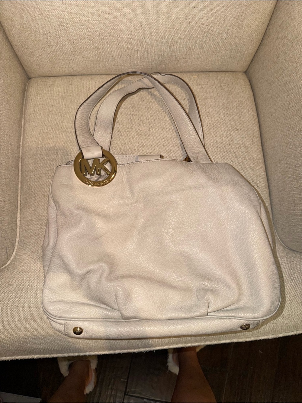 Michael Kors Cream Leather Shoulder Bag with Gold MK Charm